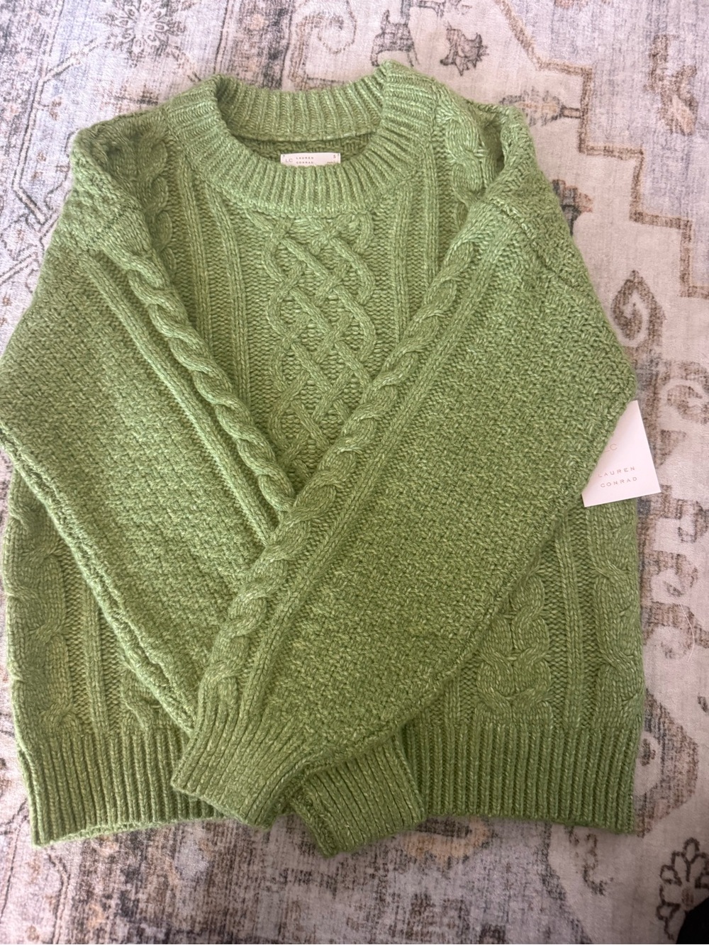 LC Lauren Conrad Light Green Cable Knit Crewneck Sweater